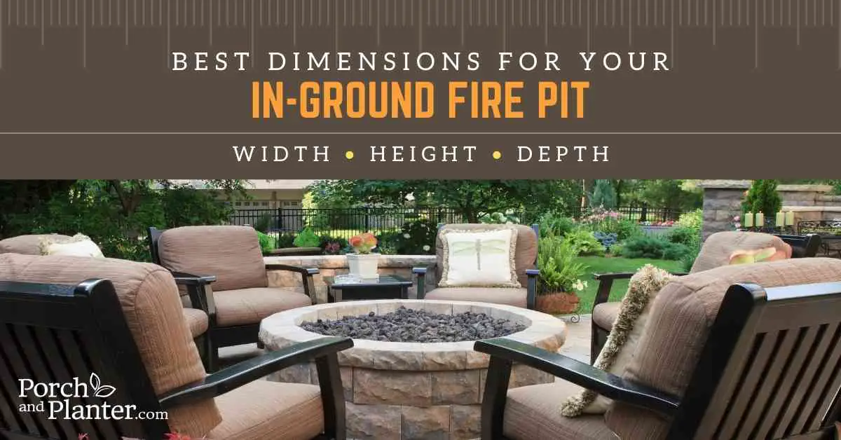 A photo of a fire pit with seating around it with the text "Best Dimensions for Your Fire Pit Seating Area"