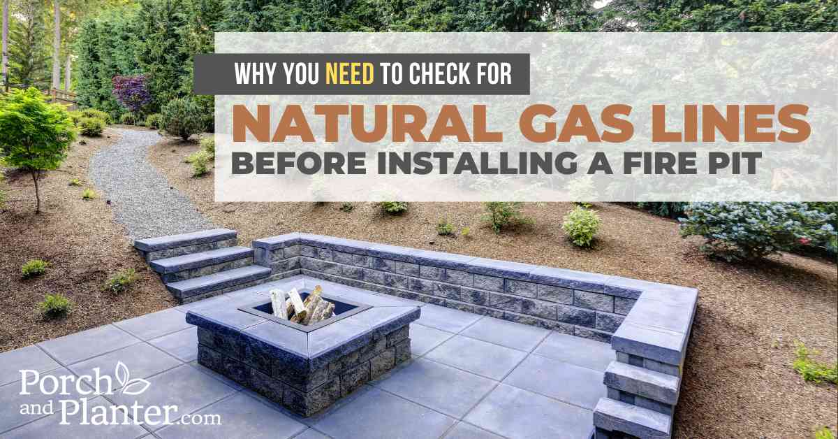 A photo of a modern square fire pit with the text "Why You NEED to Check for Natural Gas Lines Before Installing A Fire Pit"