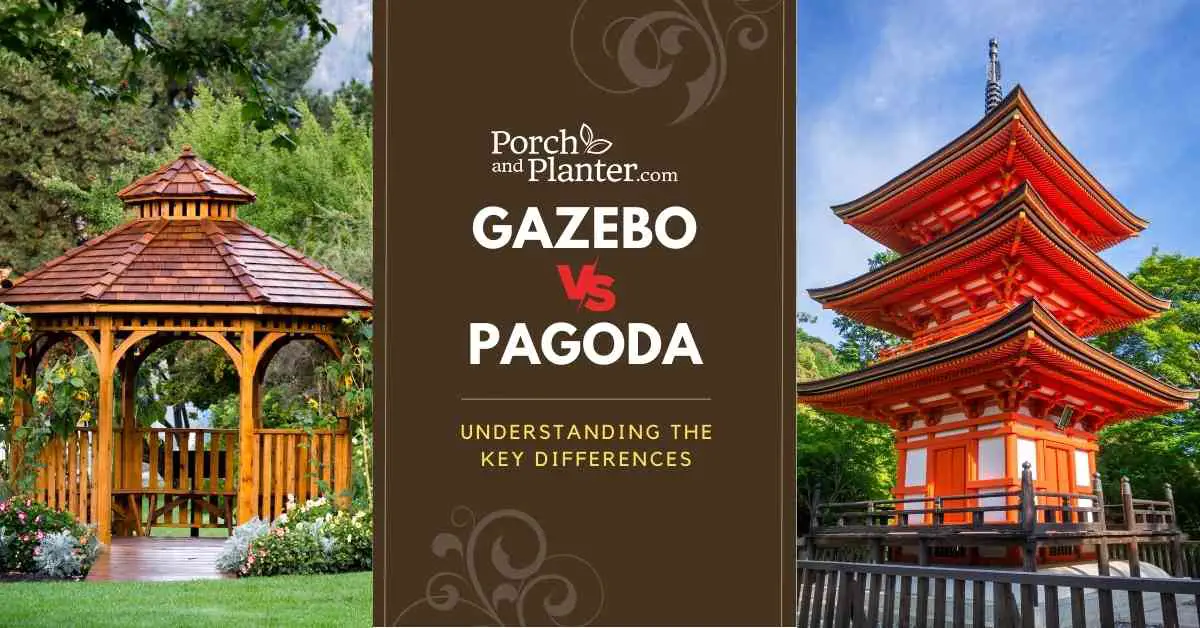 A photo of a gazebo and a photo of a pagoda with the text "Gazebo vs Pagoda: Understanding the Key Differences"