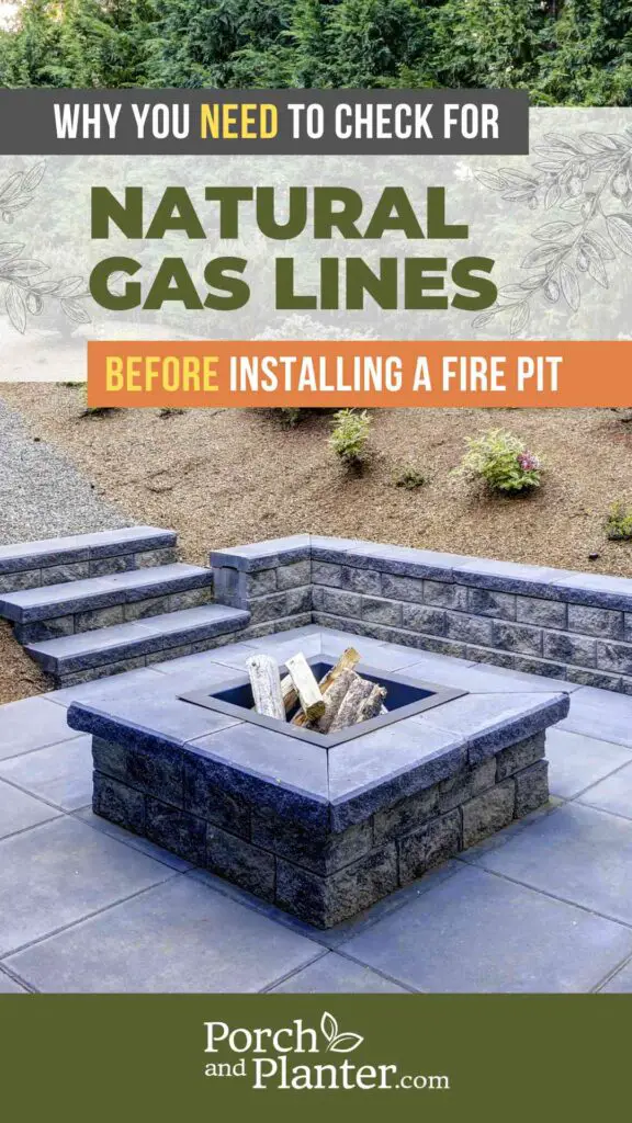 A photo of a modern square fire pit with the text "Why You NEED to Check for Natural Gas Lines Before Installing A Fire Pit"