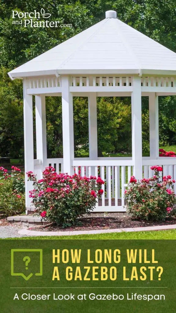 A photo of a gazebo surrounded by flower bushes with the text "How Long Will a Gazebo Last? A Closer Look at Gazebo Lifespan"